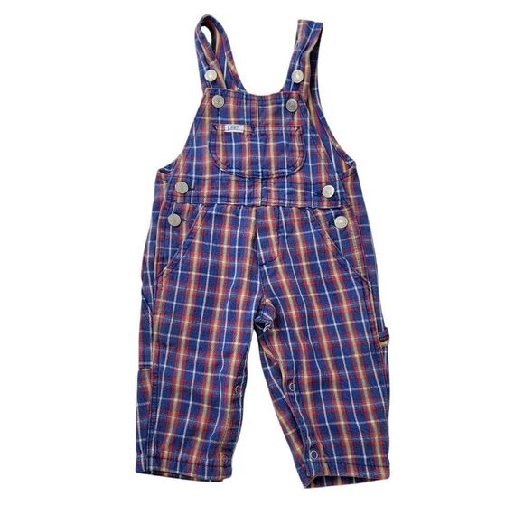 Lee Vintage Denim Blue Jean Yellow Blue Red Plaid Kids Infant Baby Overalls 12mo - Picture 1 of 12